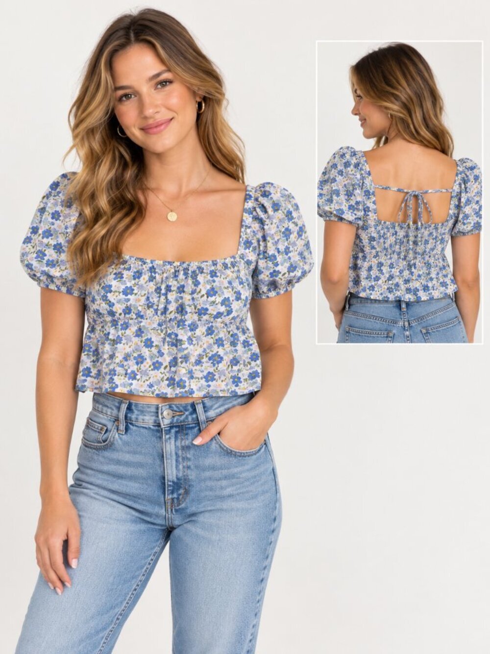 Blu Pepper Womens M Blue Floral Puff Sleeve Crop Top Smocked Cottagecore